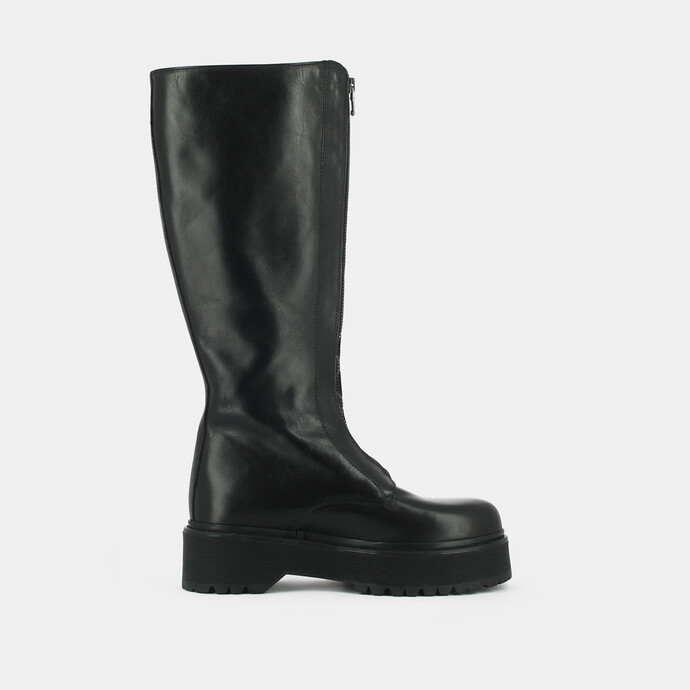 Bottines à plateformes et fermetures frontales  en cuir noir