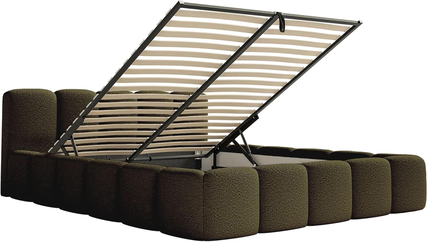 Selsey Polsterbett Cloudy Low 140x200cm mit Stauraum, Bettgestell aus Metallrahmen, Gepolstertes Bett mit Lattenrost, Modernes Design, Bouclé-Stoff in Olivgrün