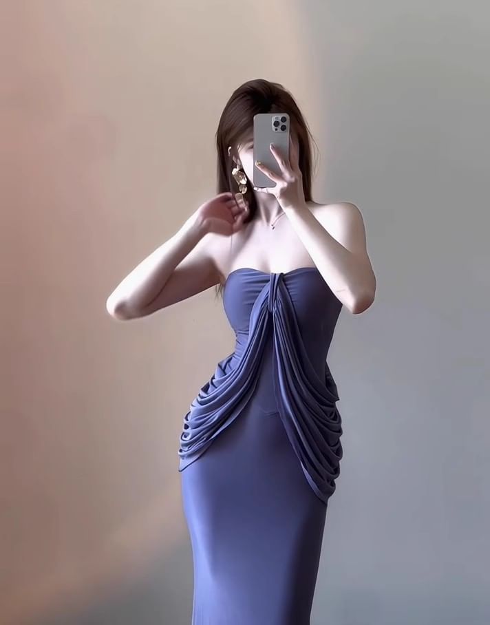 JIYON - Maxi-jurk met één schouder, effen gerimpeld en bodycon-motief