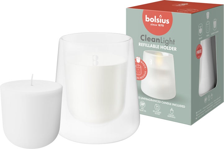 Bolsius kaars in glas CleanLight starterkit wit 20 uur D 8,3 H 11,6 cm