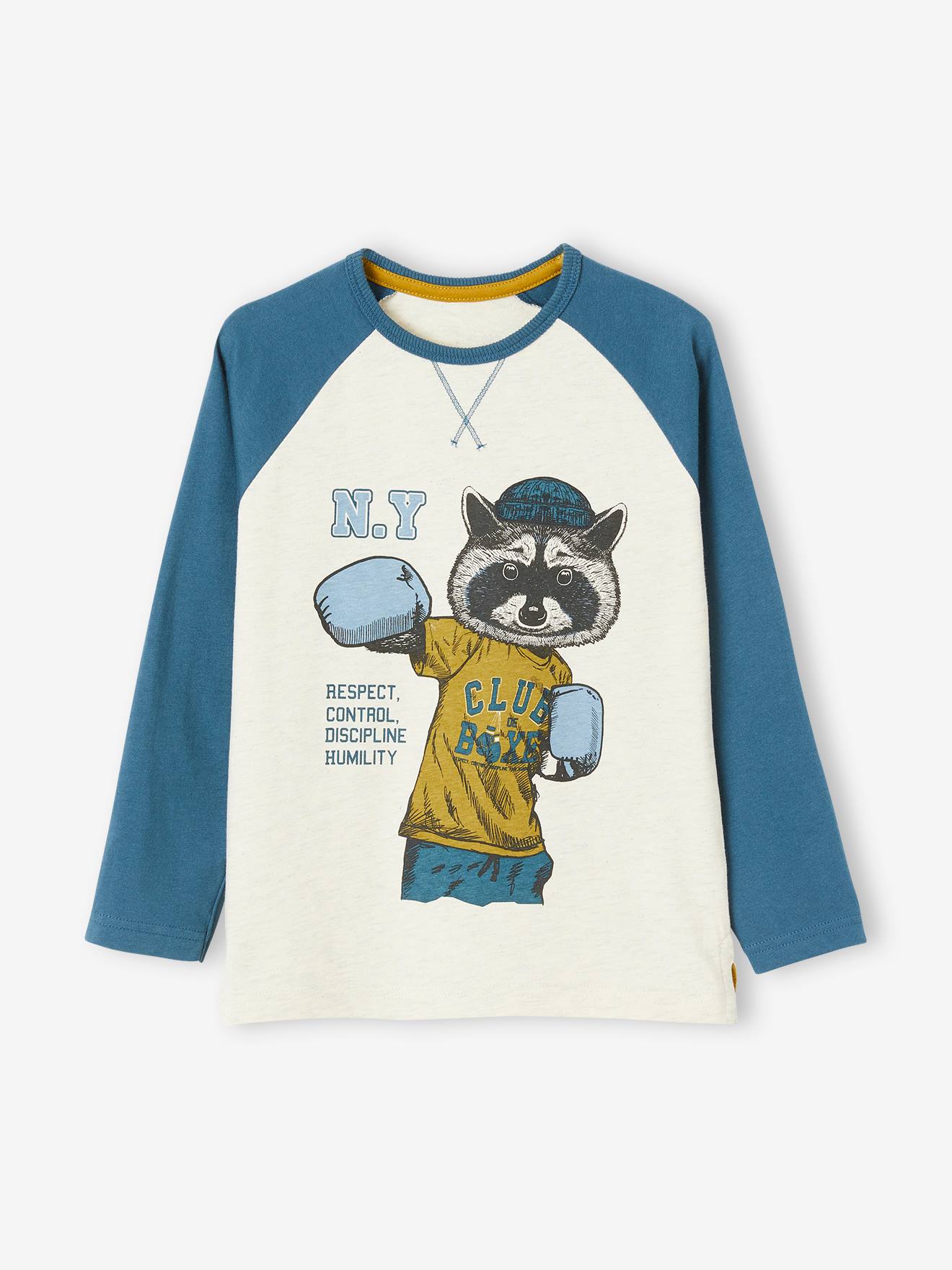Camiseta esportiva infantil com estampa de Boxer Mouse e mangas raglan, bege claro mesclado.