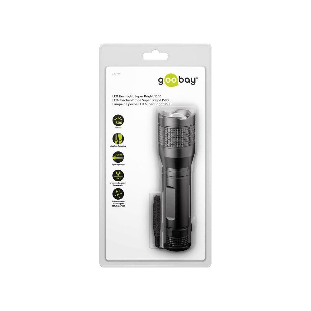 1500LM  Aluminium LED Taschenlampe Super Bright IPX7 (Batteriebetrieben) - Schwarz