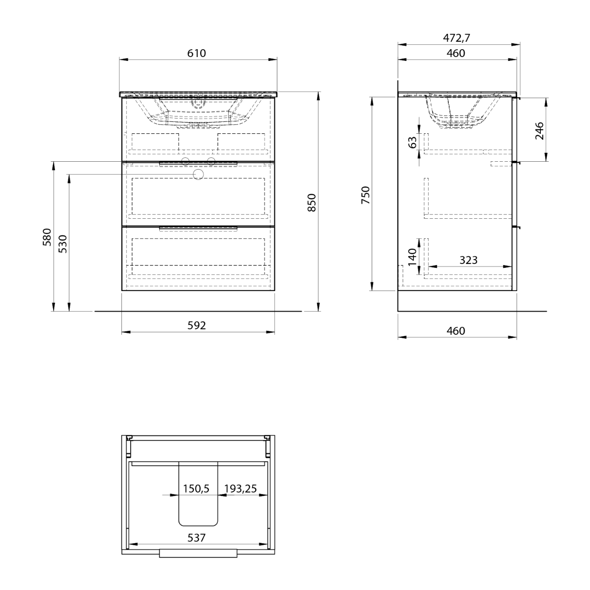 Sapho Cirasa wastafel onderkast 59x46x75cm met 3 lades donkerbruin