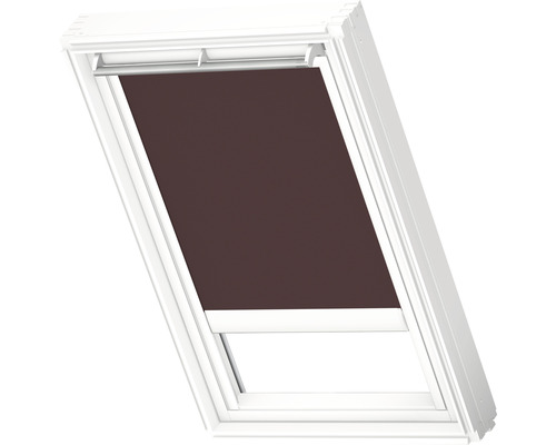 VELUX verduisterend rolgordijn, effen donkerbruin, op zonne-energie, wit frame, DSL C02 4559SWL