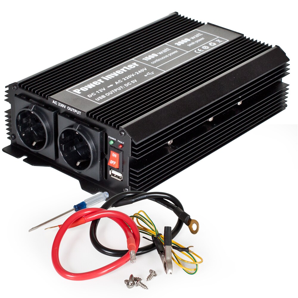 tectake® Wechselrichter, 12 - 230 V, 2 AC-Steckdosen und 2 Lüfter, inklusive Zubehör