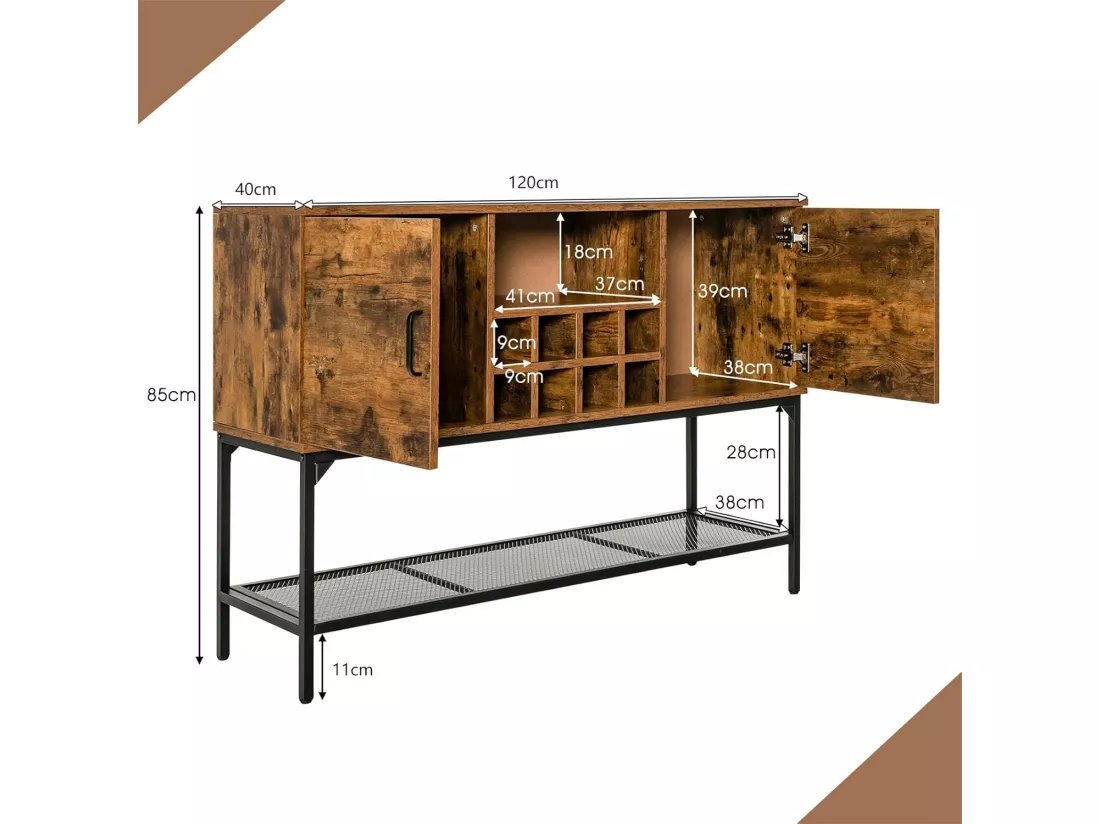 Buffet cuisine avec casier à vin,2 armoires à portes, étagère en maille, 120 x 40 x 85 cm