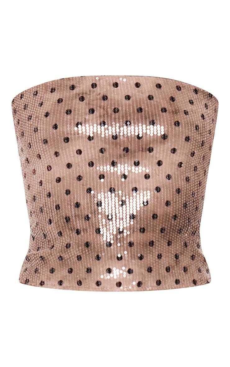 Taupe Top Bandeau Court À Pois Sequins Ensemble Coordonné