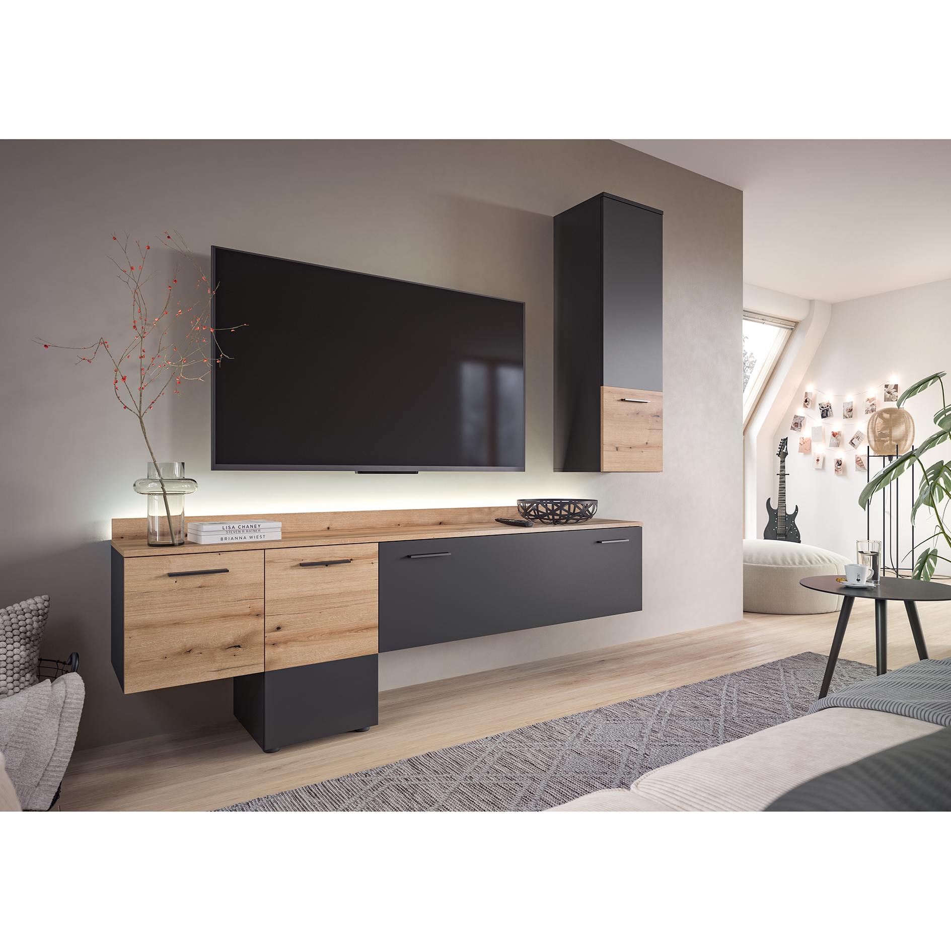 2-teiliges Wohnwand-Set GOAL - grau - Evoke Oak - LED-Beleuchtung