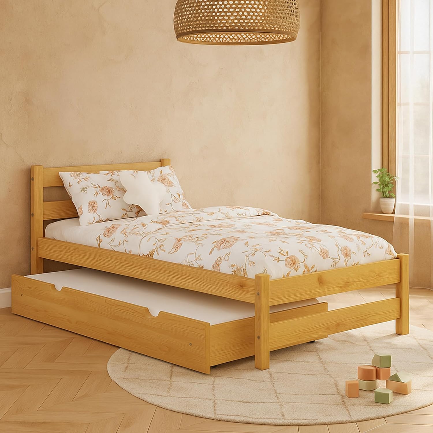 Kinderbett 80x160 cm mit Auszugbett und Lattenrost - Einzelbett aus Kiefer Massivholz - Kinder Bett Montessori – Jugendbett - ohne Matratze