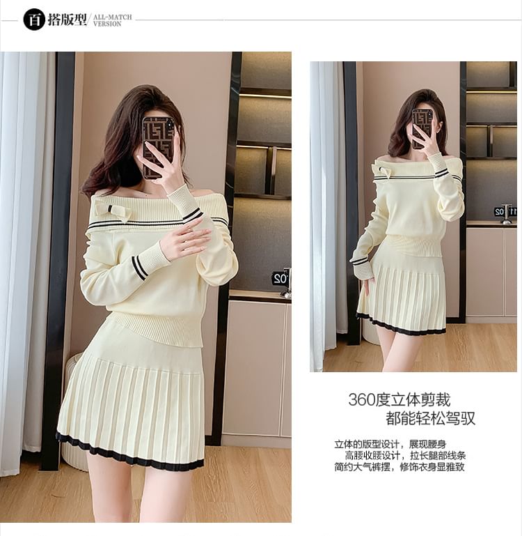 Odestra - Set: Off-Shoulder gestreepte striktrui + High Waist geplooide mini A-lijn rok
