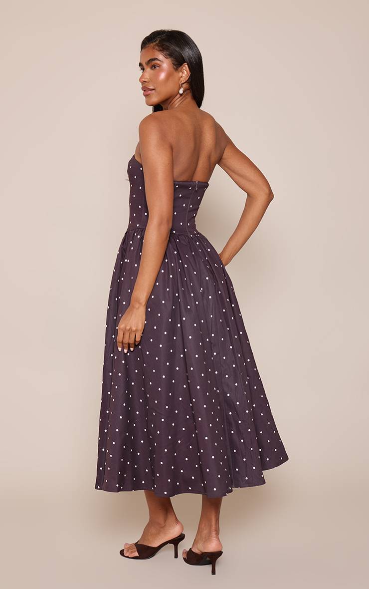 Chocolat Robe Mi-longue Évasée À Bustier Froncé En Tissu Tissé Imprimé À Pois