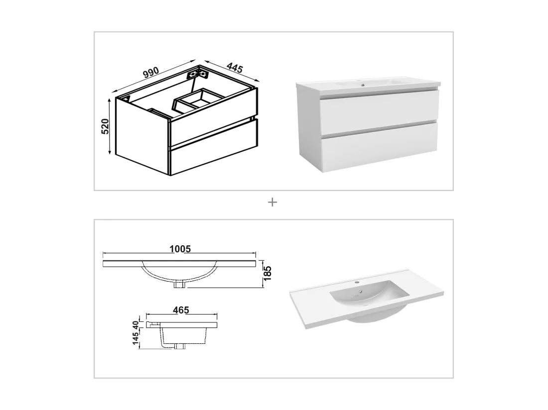 Ensemble meuble salle de Bain 100cm simple vasque avec colonne et miroir 3 couleurs blanc
