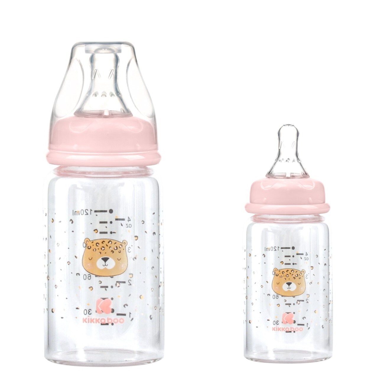 Kikkaboo Baby Glasflasche 120 ml Savanna Anti-Kolik-Silikonsauger Größe S Deckel rosa