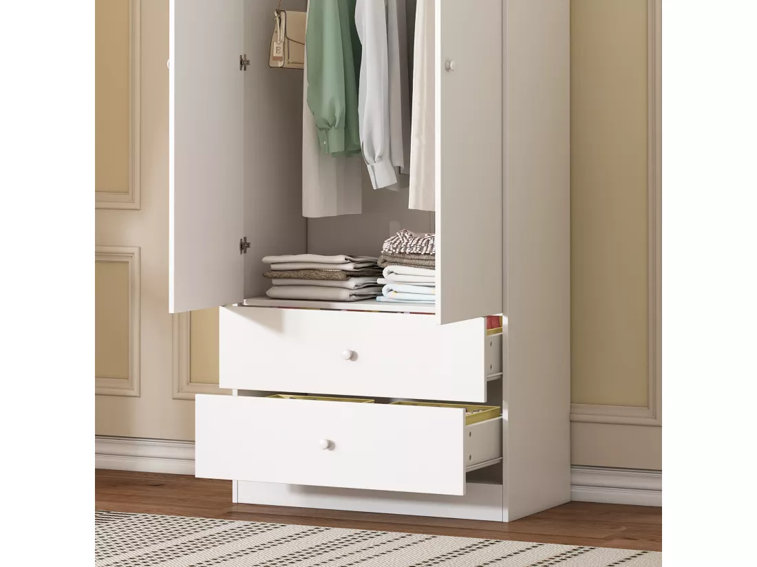 Armoire avec 2 portes et 2 tiroirs en panneaux de particules - H 175cm - Blanc