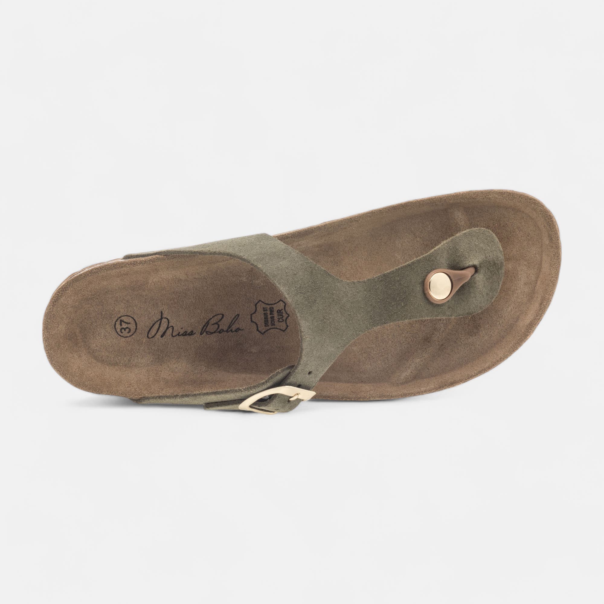 Mules semelle liège Femme en cuir kaki
