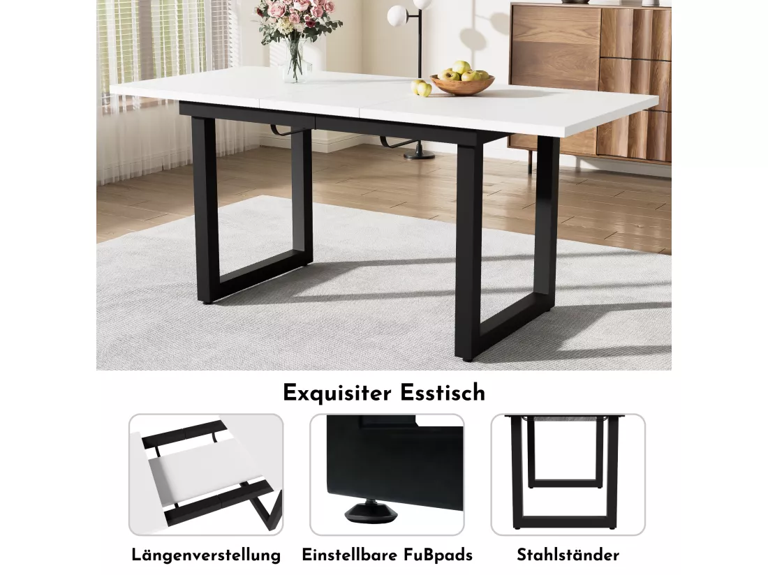 Table à manger extensible 4 à 6 couverts - 140/180 x 80 x 75 cm - MDF et pièds en fer - Effet marbre - Blanc