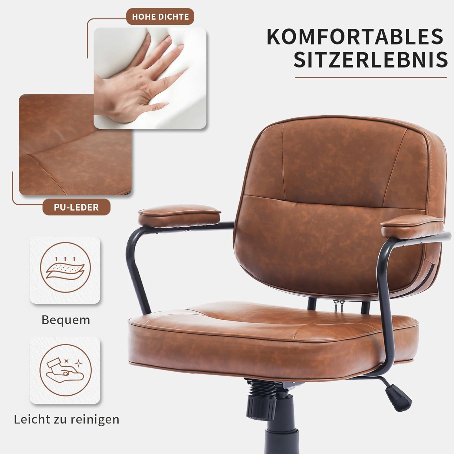 Bürostuhl mit Wippfunktion, PU-Leder Drehstuhl im modernen Retro-Stil, Höhenverstellbarer Schreibtischstuhl für Home Office, Liebhaber des Retro-Stils (Dunkelbraun)