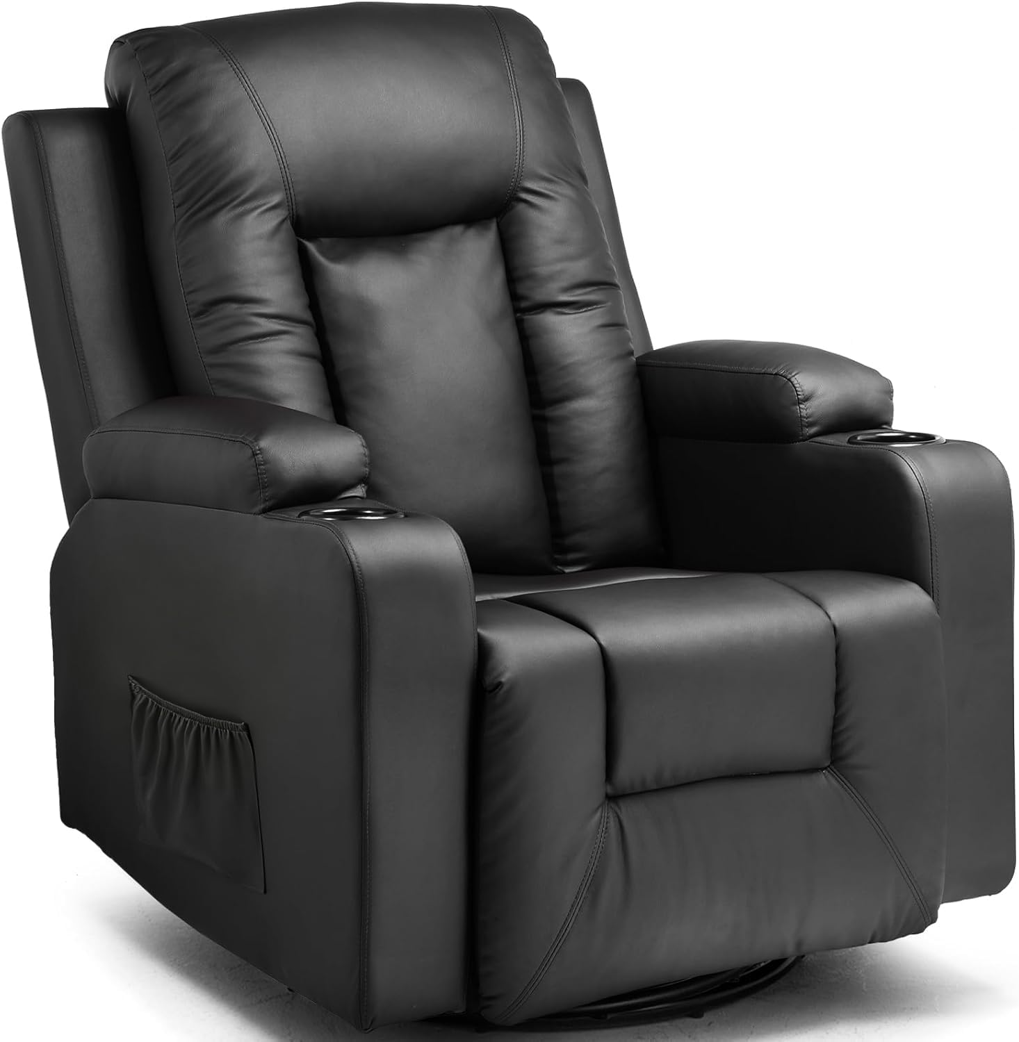 COMHOMA Relaxsessel Fernsehsessel mit verstellbarer Rückenlehne und Fußstütze,360°drehbarer Loungesessel aus PU-Leder mit Getränkehaltern und Seitentaschen,ergonomische Ganzkörperunterstützung,Schwarz