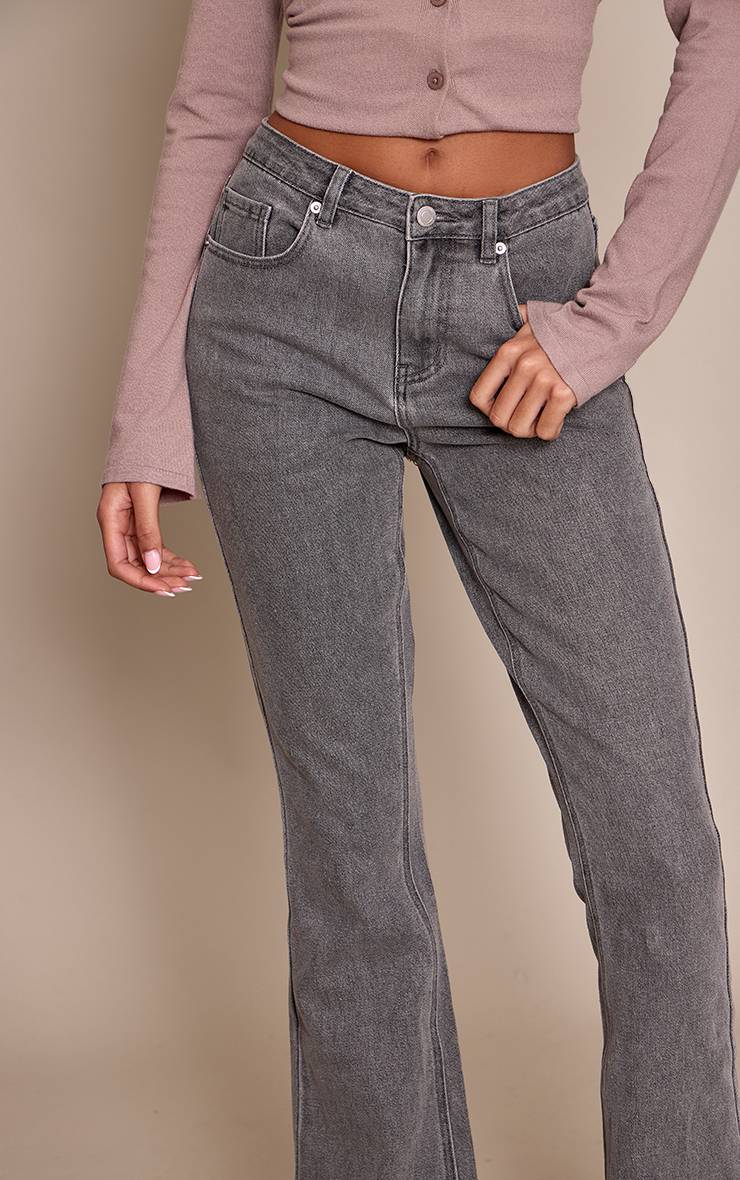 Washed Grey Jean Évasé Taille Basse Stretch Coupe Longue