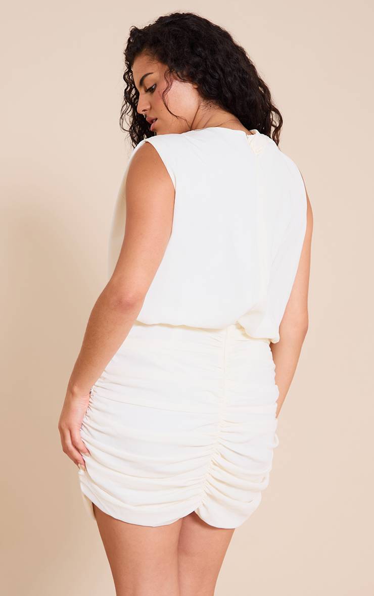 Blanc Robe Mini Moulante Col Montant À Fronces Effet Doux Grande Taille