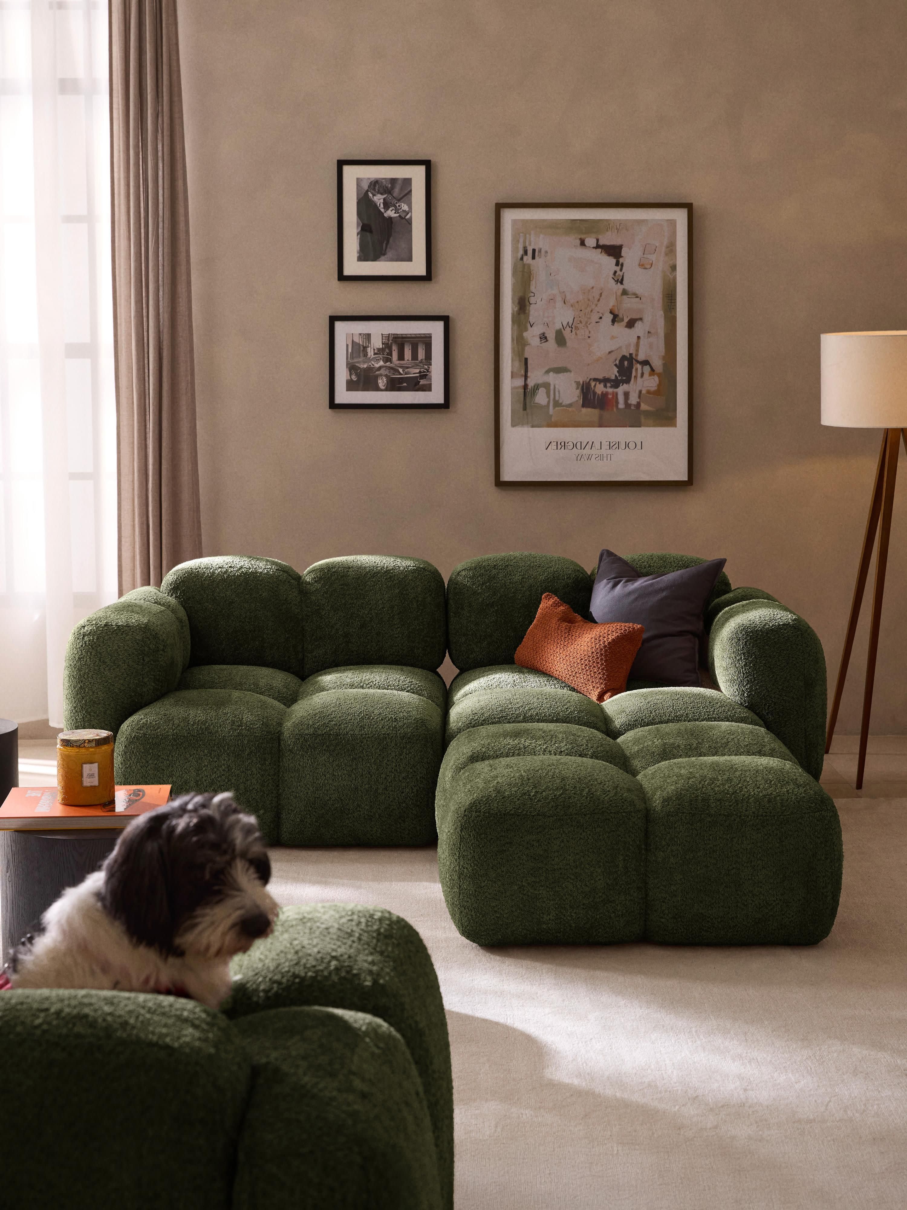 Modulaire bank Tayla (3-zits) van teddy bouclé met poef (links/rechts)