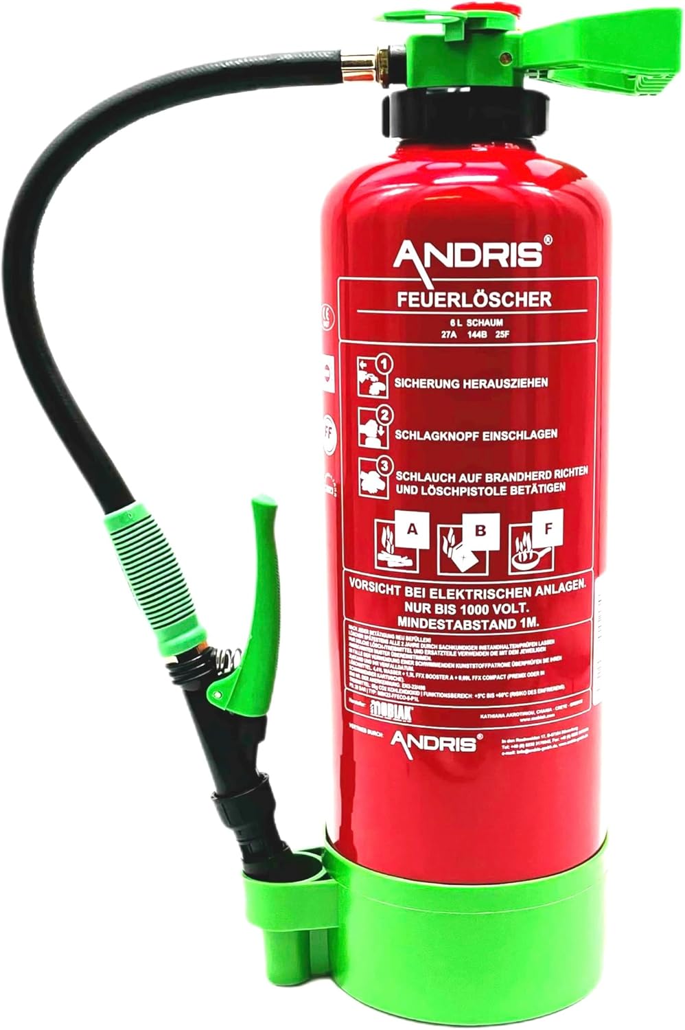 Aufladefeuerlöscher fluorfrei 6L ABF Schaum ANDRIS® (Fettbrand), 27A 144B 25F, EN 3 inkl. Wandhalterung, Standfuß & Orig. ANDRIS® Prüfnachweis für 2 Jahre