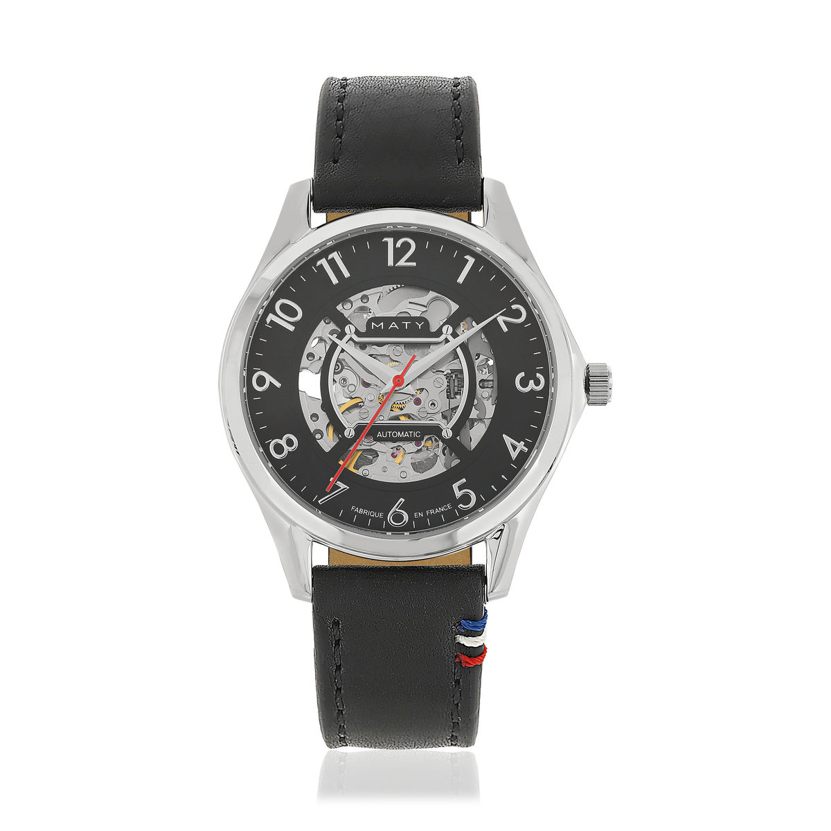 Montre homme squelette automatique acier bracelet cuir noir