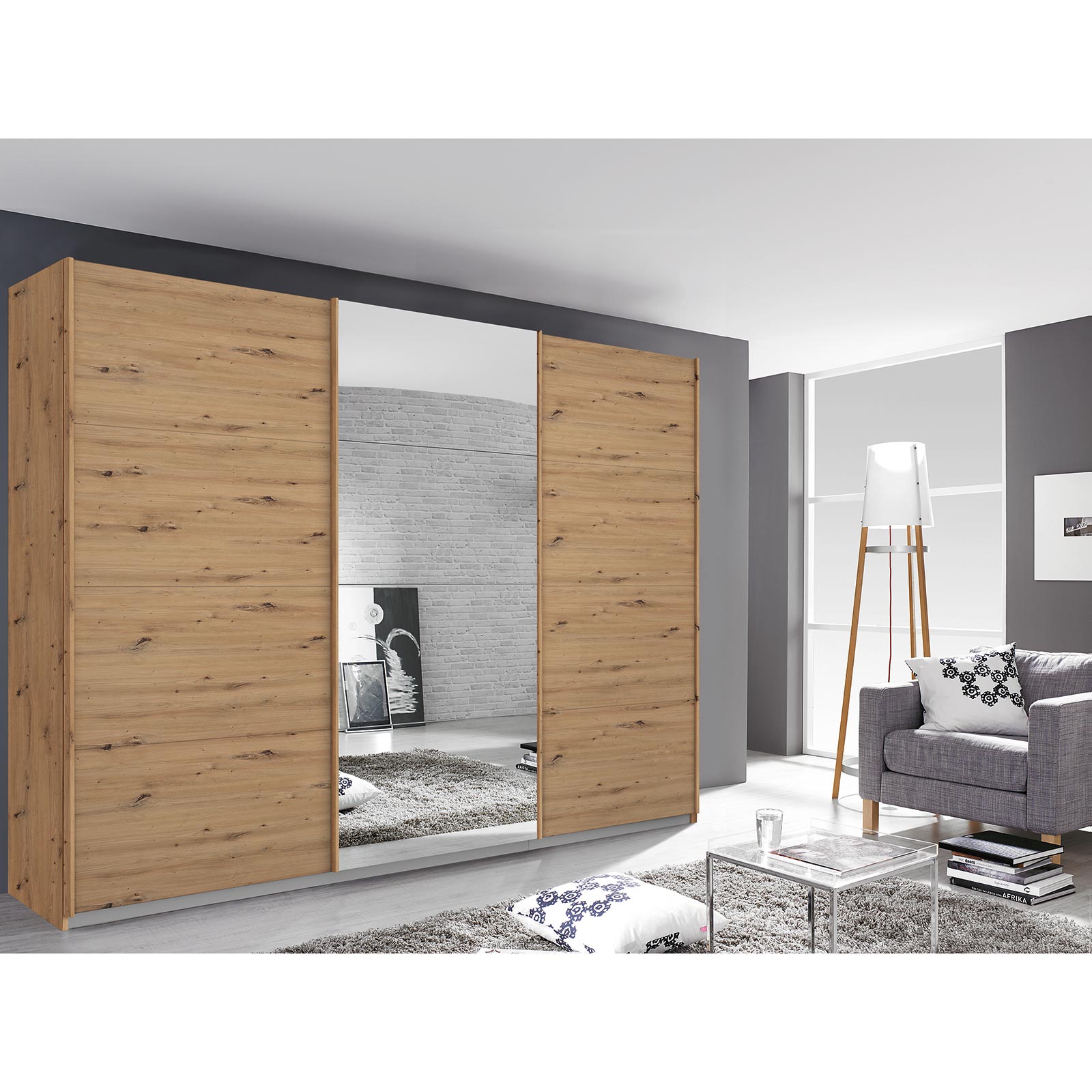 Schwebetürenschrank - Eiche Artisan - mit Spiegel - 271x210 cm