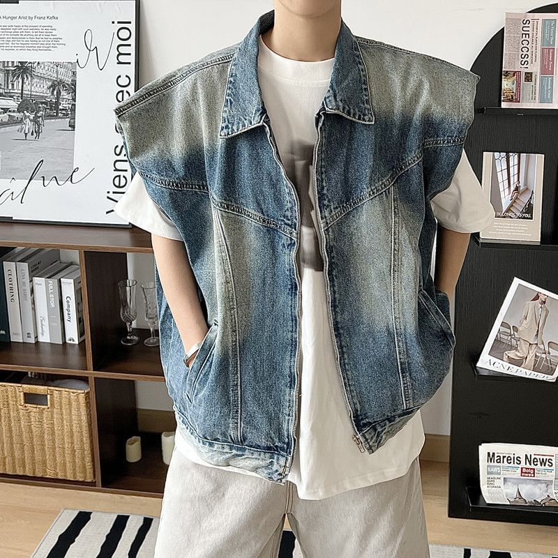 WidoWilder - Gewatteerde schoudervulling, gewassen denim vest met rits