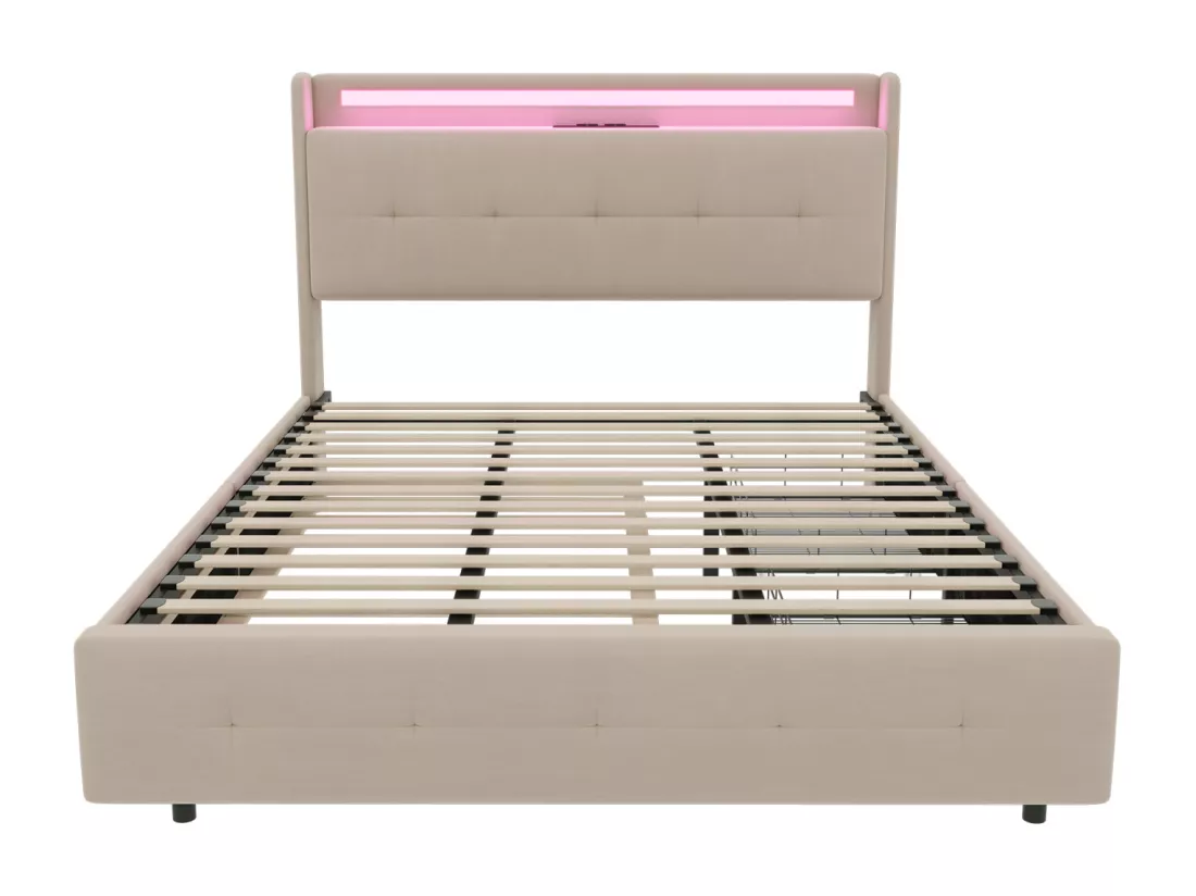 Lit double rembourré 160x200 cm Lit adulte avec lit gigogne éclairage LED 2 tiroirs ports USB et sommier à lattes - beige