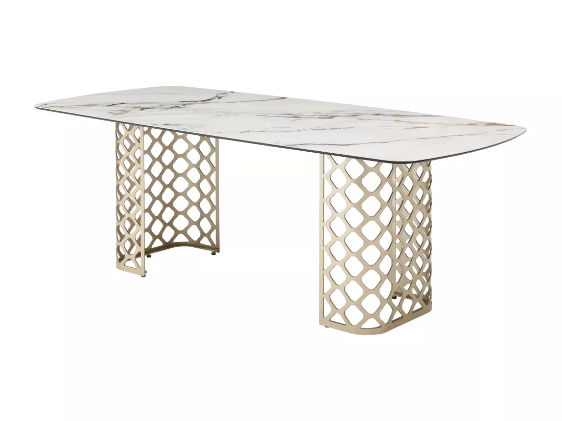 Table à manger 8 personnes en verre trempé et céramique - Effet marbre blanc et doré - GOLDENA
