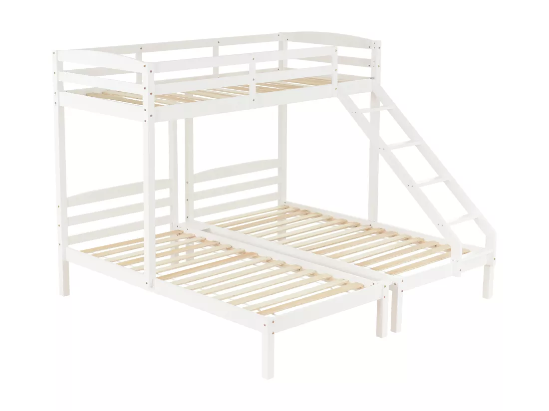 Lit superposé triple avec sommier à lattes - 90x200cm - en bois massif - Blanc