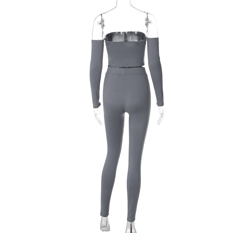Ragom - Set: Lange mouwen off-shoulder effen asymmetrische slim fit top + legging