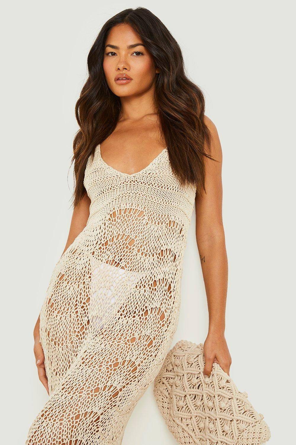 boohoo Robe de Plage en Crochet à Bords Frangés et Encolure Scoop