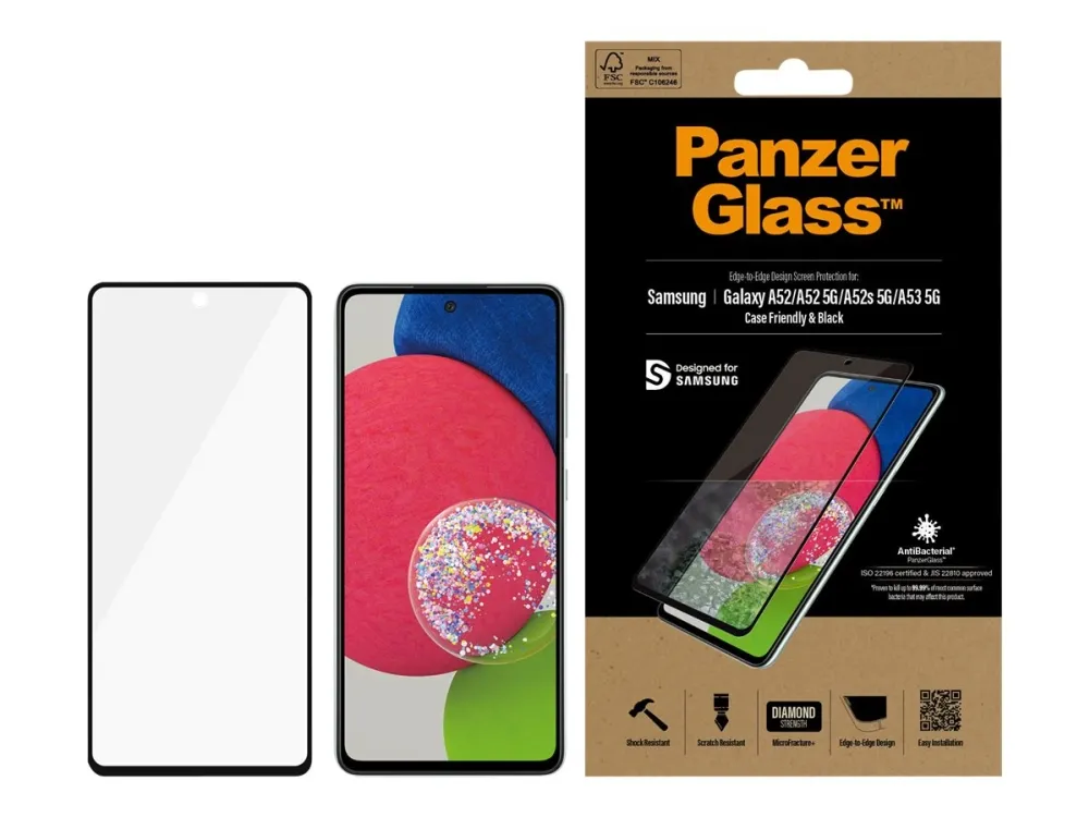 PanzerGlass™ | Case-Friendly - Skærmbeskytter for mobiltelefon - Edge-to-Edge fit - rammefarve sort | Samsung Galaxy A52/A52 5G