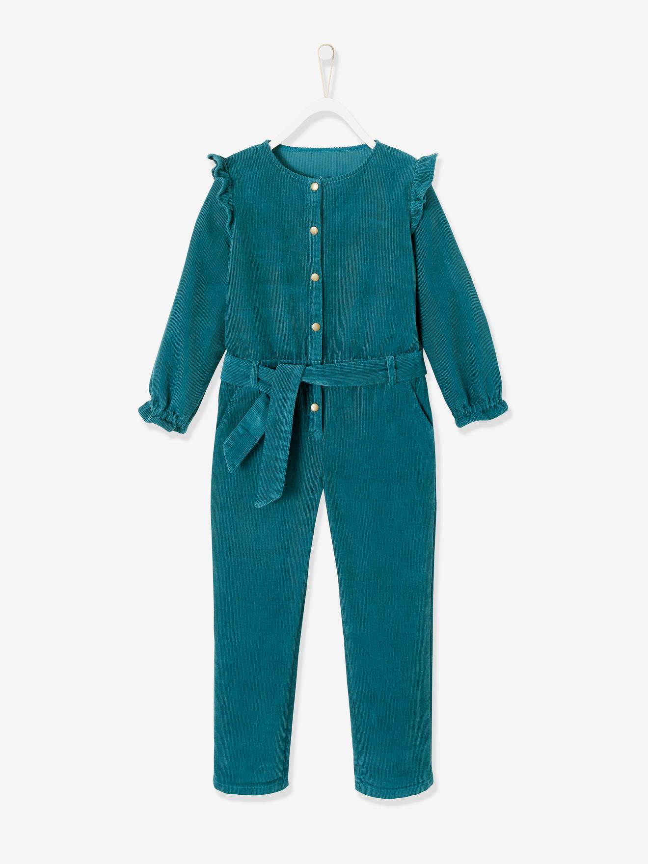 Macacão de veludo cotelê com babados, para meninas, verde escuro liso