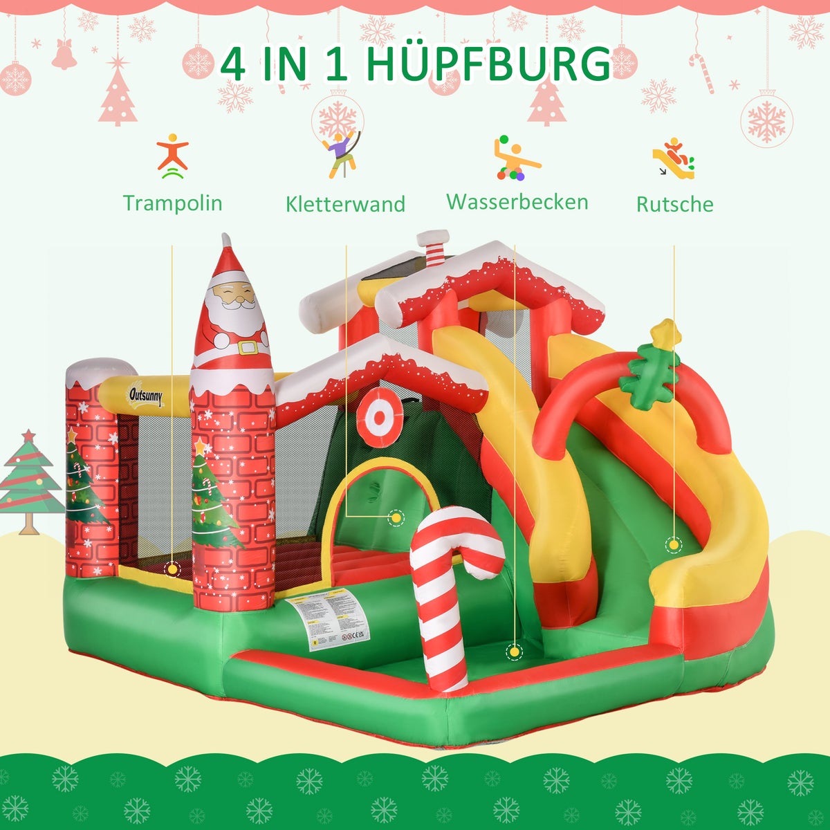 Opblaasbaar springkasteel Outsunny, 290 x 280 x 220 cm, Oxford-stof + polyester, rood + groen + wit