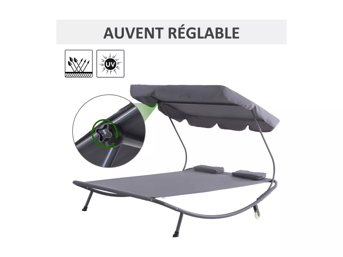 Bain de soleil 2 places lit de jardin design contemporain toit réglable 2 roulettes 2 oreillers acier époxy polyester gris