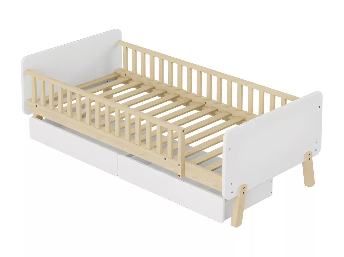 Lit enfant 90x190cm avec 2 tiroirs - lit simple en bois massif avec sommier à lattes - Blanc