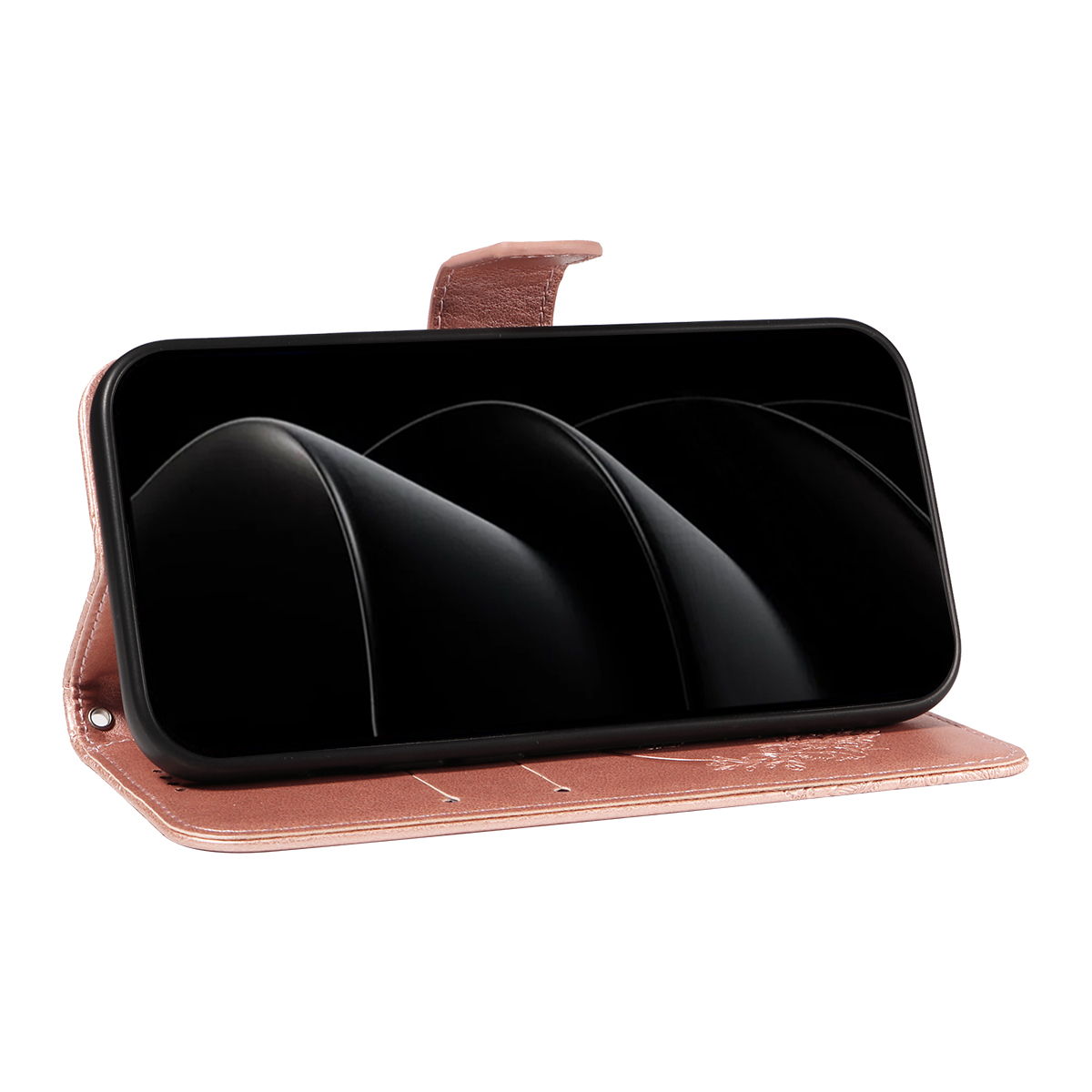 iPhone 17 Pro Max Leder Tasche Flip Cover Schmetterlinge Imprint - Roségold