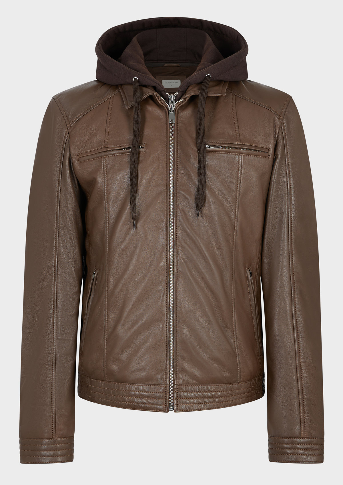 Blouson en cuir uni taupe à capuche amovible