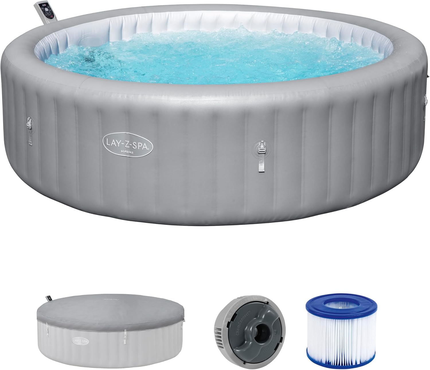 Bestway Lay-Z-Spa Hawaii AirJet Whirlpool Ø236 x 71 cm – Aufblasbarer Outdoor Jacuzzi für 8 Personen, 190 AirJet Düsen, EnergySense Dämmung, App-Steuerung, Heizung 40 °C, Frostwächter, TriTech PVC
