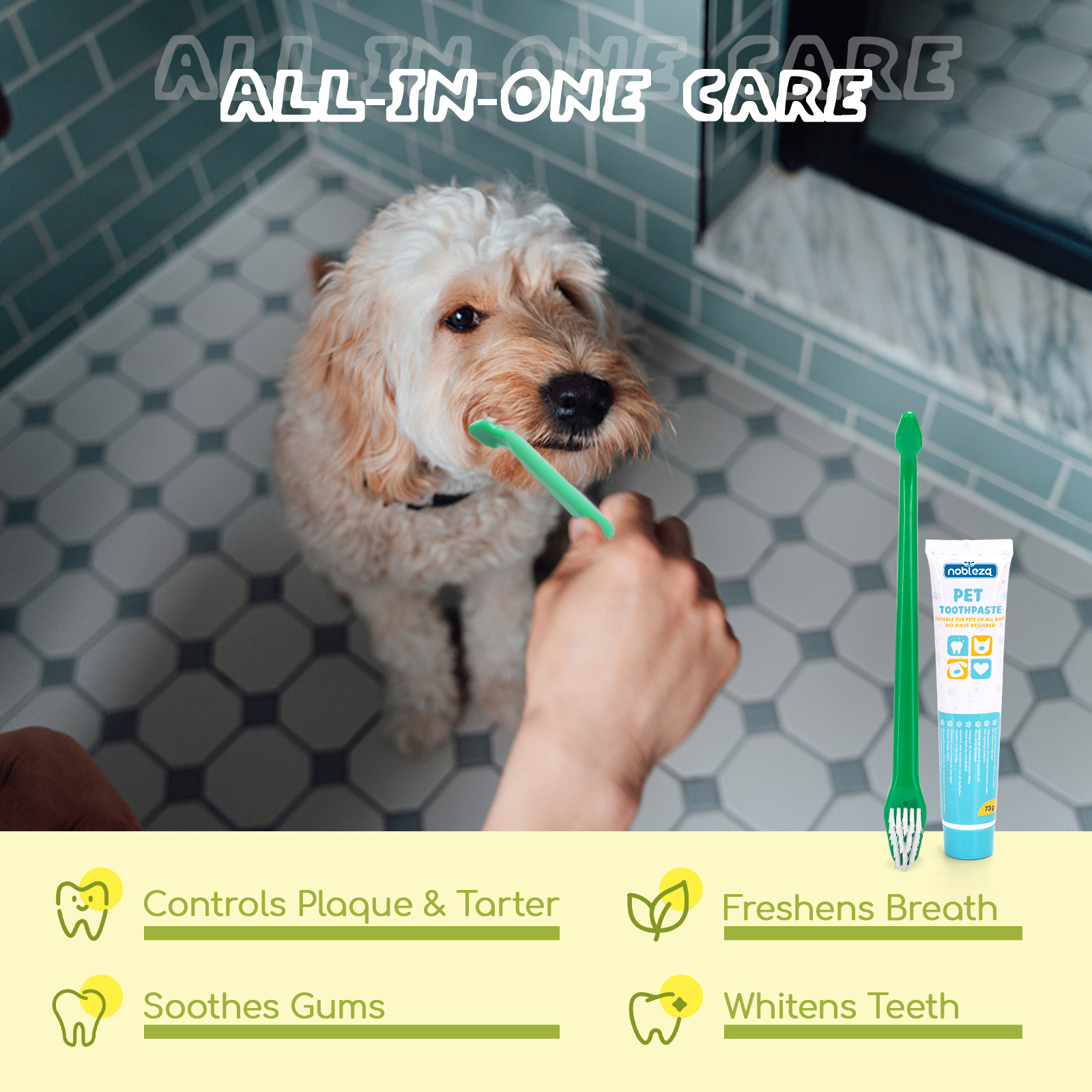 Nobleza - Kit de Higiene Dental para Cães, Limpeza e Cuidados Dentais, Previne Placa e Tártaro, Pasta de Dente para Cães 73g, com Três Escovas de Dente (1)