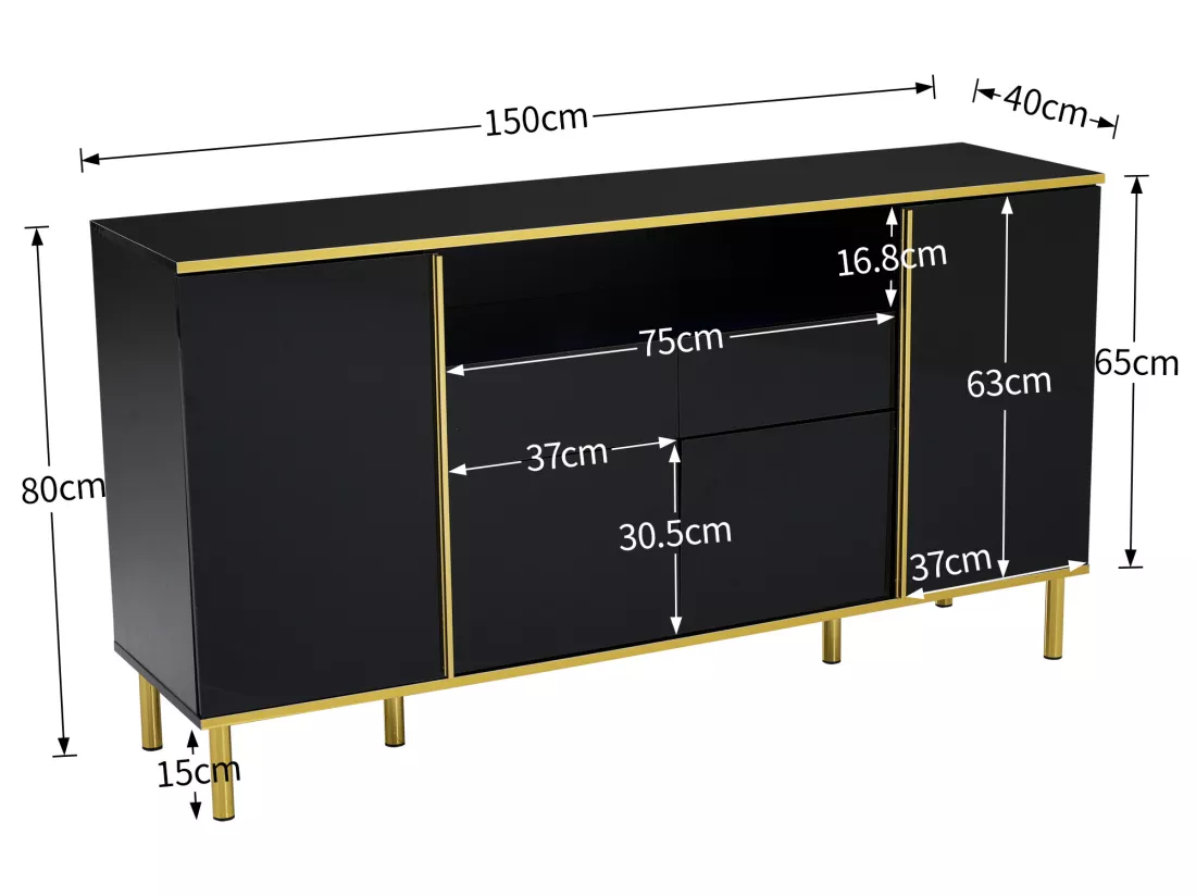 Buffet avec 4 portes et 2 tiroirs en panneaux de particules - leds - noir brillant