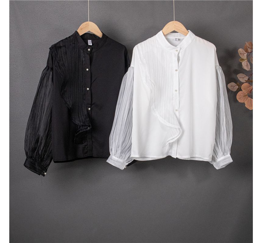 Brigitte - Blouse met lange mouwen, col, effen doorschijnend paneel en knoopjes