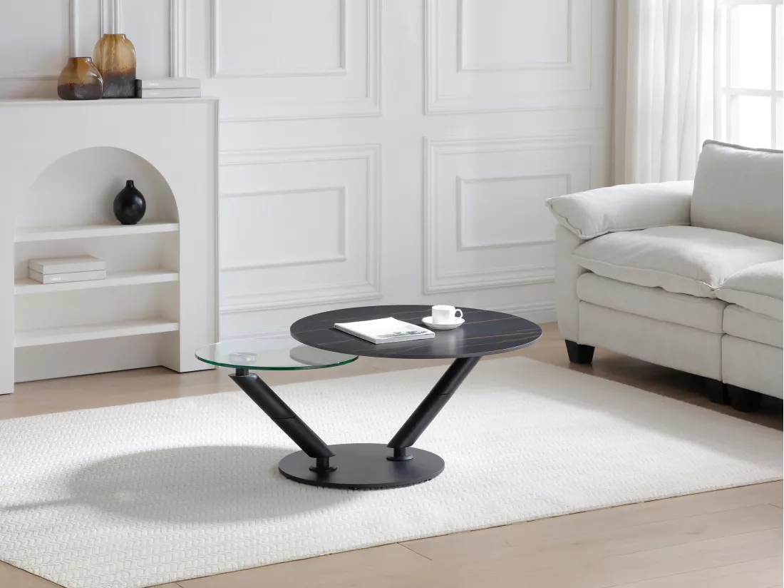 Table basse avec plateaux pivotants en céramique, verre trempé et métal - Effet marbre noir - ELDOVA