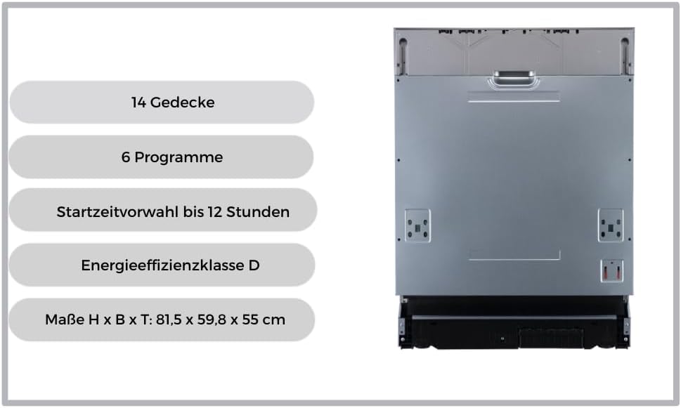 WOLKENSTEIN WGSP14-6DFI Einbau-Geschirrspüler vollintegriert | 60 cm | 6 Programme | 14 Gedecke | Energieeffizienzklasse D | Startzeitvorwahl | Halbe Beladung Funktion