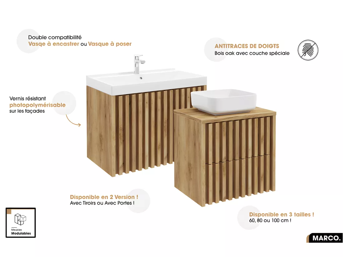 Meuble sous vasque - version tiroirs | MARCO | OAK | 80 x 56 x 45 cm