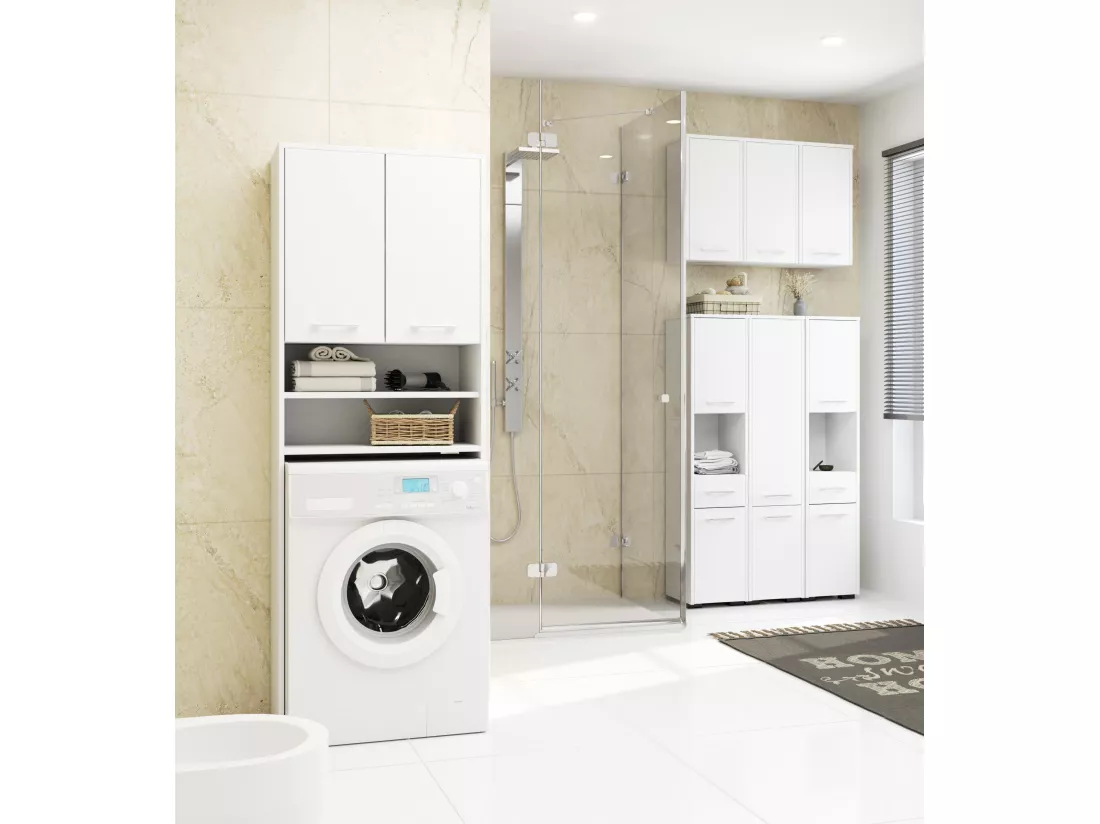 meuble machine a laver 2 portes façade blanc 4 étagères 64x30x180 cm