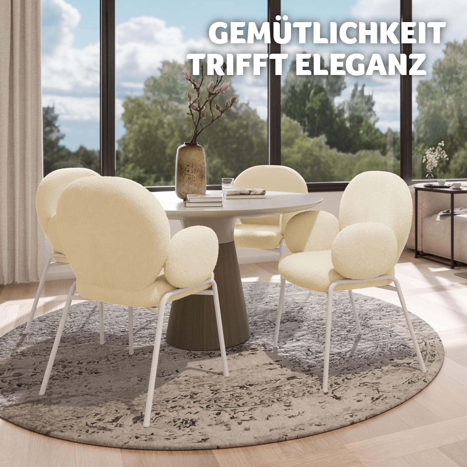 tectake® Stuhl, gepolstert mit Bouclé-Bezug, runde Stahlbeine, Belastbarkeit 120 kg, 61,5 x 62 x 90 cm